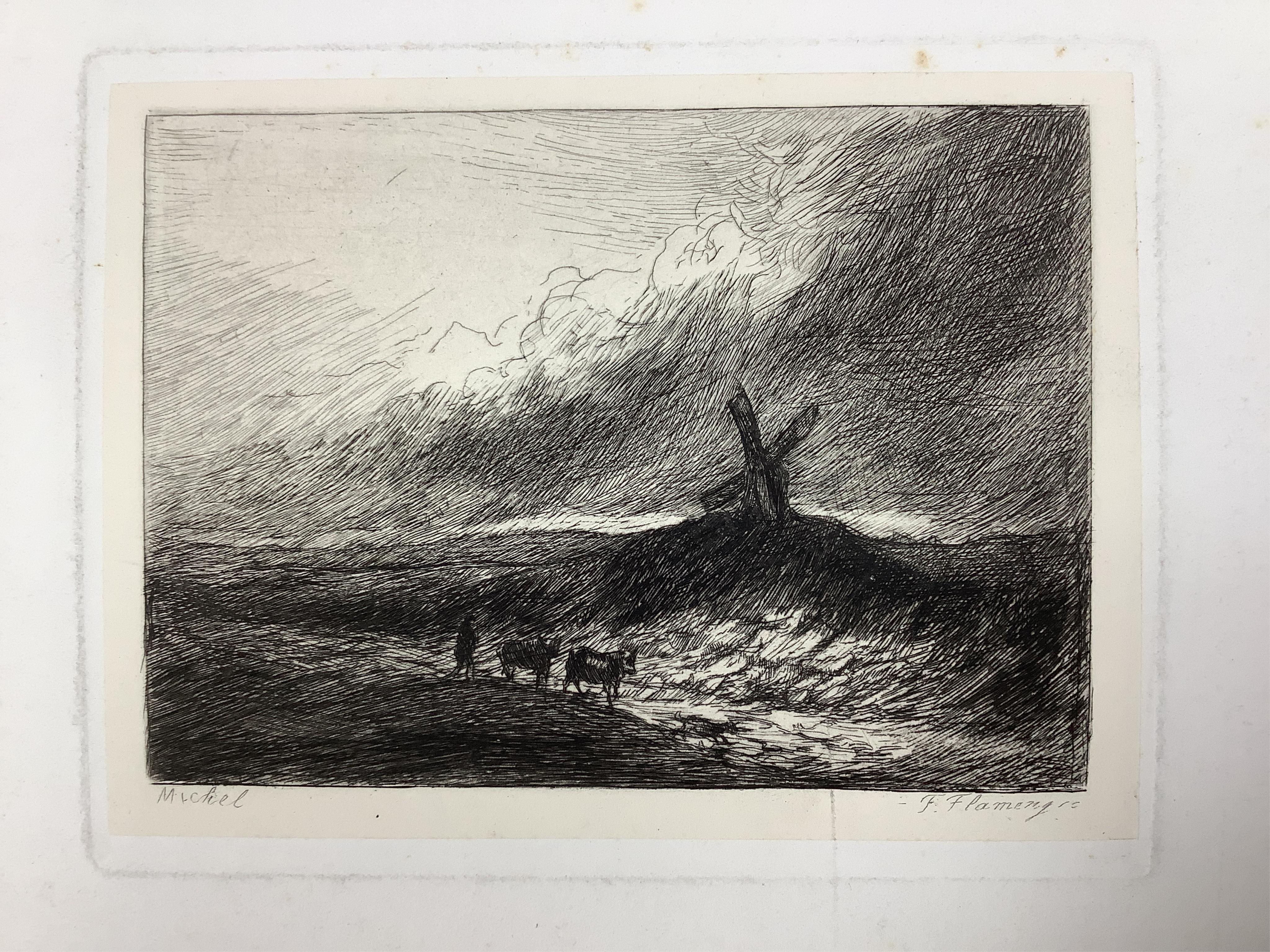 A large folio of etchings, to include after Eugene Delacroix, 'The mourning of Christ', each 45 x 32cm, housed in a leather folder